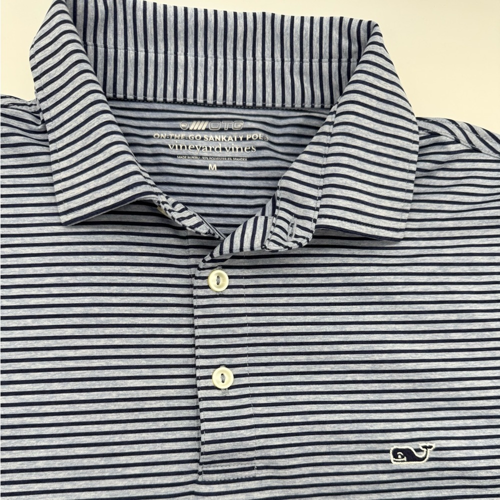 Vineyard Vines Light Blue w/Navy Stripes Sankaty OTG Polo Shirt, ‎ Med NWOT